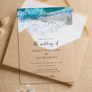Invitaciones Acrílicas Olas del Océano Azul Boda Tropical de Playa