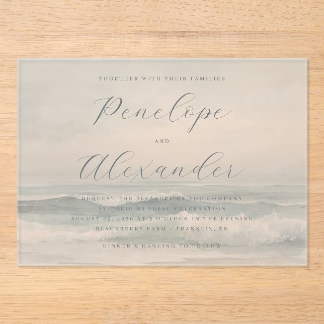 Invitaciones Acrílicas Olas tranquilas de la playa azules (Anverso)