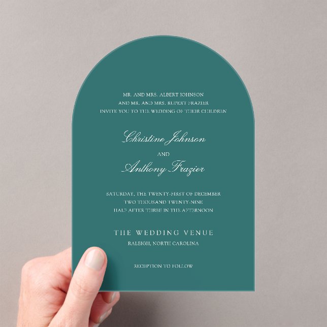 Invitaciones Acrílicas Old Money Teal Classic Wedding (Insitu (portátil))