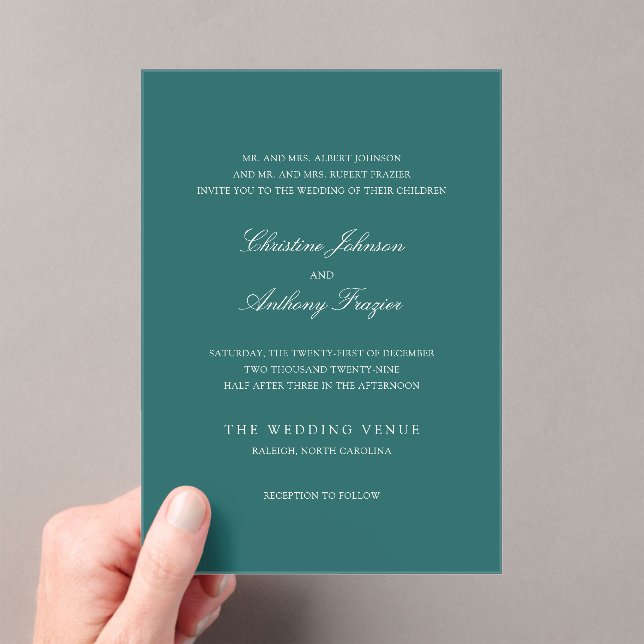 Invitaciones Acrílicas Old Money Teal Classic Wedding (Insitu (portátil))
