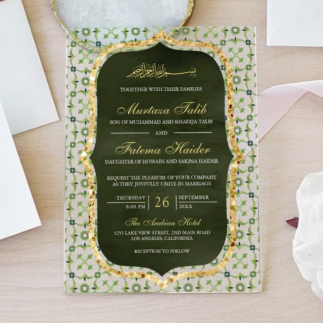 Invitaciones Acrílicas Olive Green and Gold Moroccan Tile Islamic Wedding (Subido por el creador)