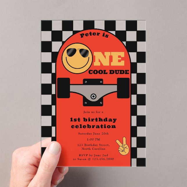Invitaciones Acrílicas One Cool Dude Invite 1st First Birthday Skateboard (Insitu (portátil))