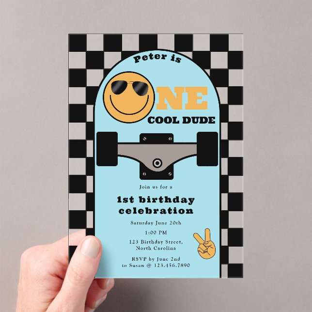 Invitaciones Acrílicas One Cool Dude Invite 1st First Birthday Skateboard (Insitu (portátil))