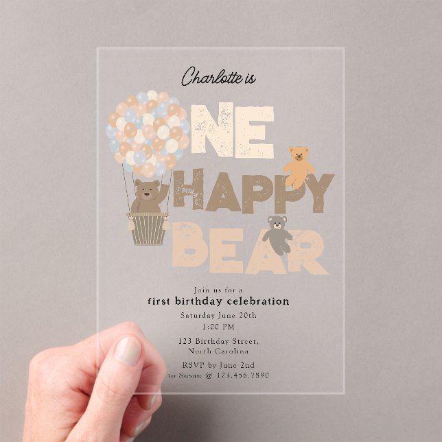 Invitaciones Acrílicas One Happy Bear Invite 1st  First Birthday Cute (Insitu (portátil))