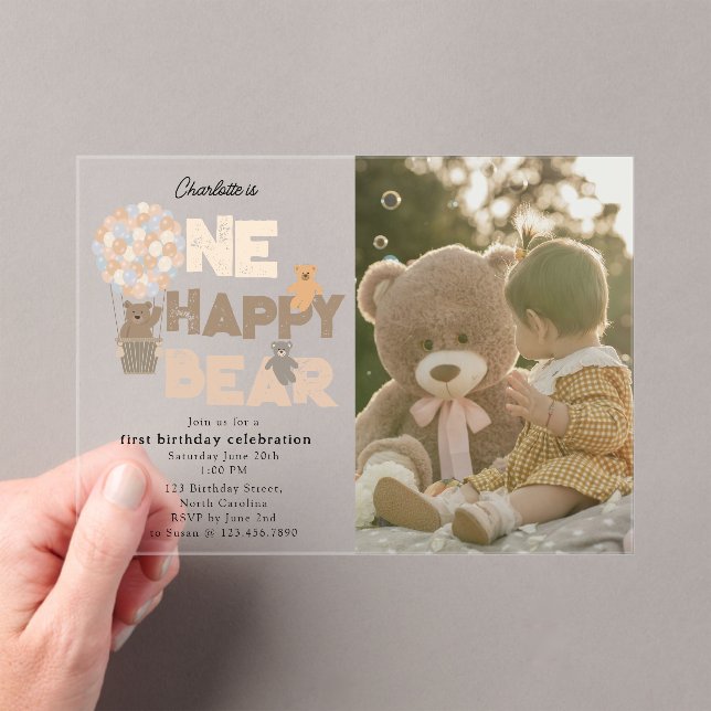 Invitaciones Acrílicas One Happy Bear Invite 1st  First Birthday Photo (Insitu (portátil))
