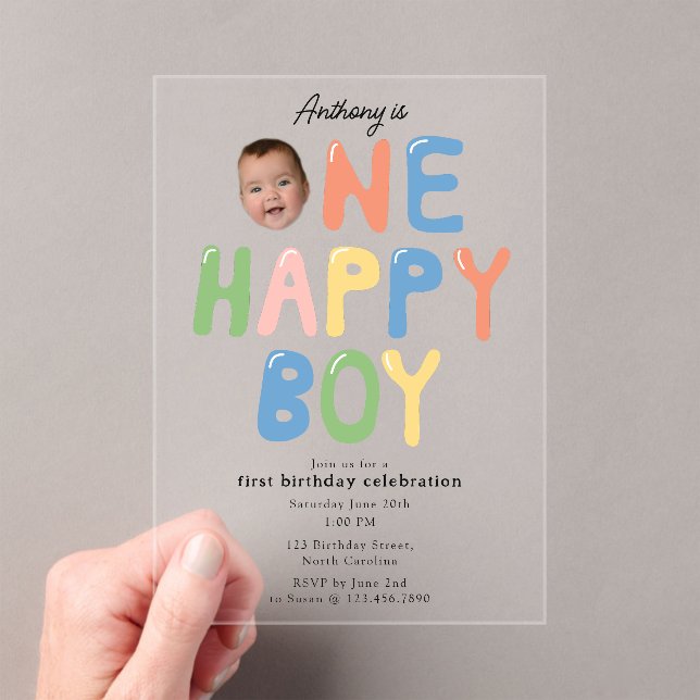 Invitaciones Acrílicas One Happy Boy Birthday Invite 1st Birthday Photo (Insitu (portátil))