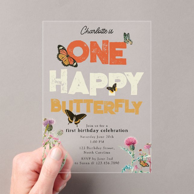 Invitaciones Acrílicas One Happy Butterfly Invite 1st Wildflower Birthday (Insitu (portátil))
