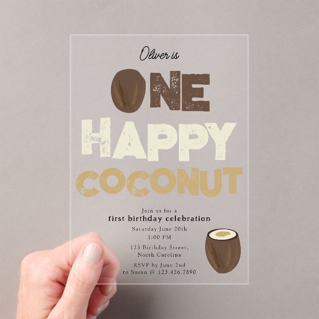 Invitaciones Acrílicas One Happy Coconut Invite 1st Summer Birthday (Insitu (portátil))