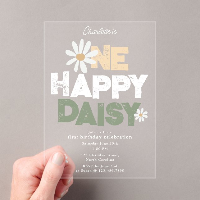 Invitaciones Acrílicas One Happy Daisy Invite 1st  First Birthday Cute (Insitu (portátil))