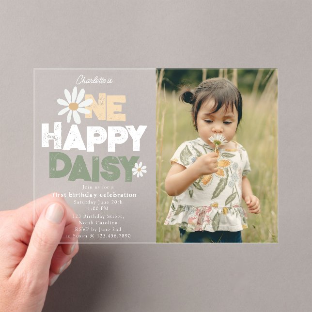 Invitaciones Acrílicas One Happy Daisy Invite 1st  First Birthday Photo (Insitu (portátil))