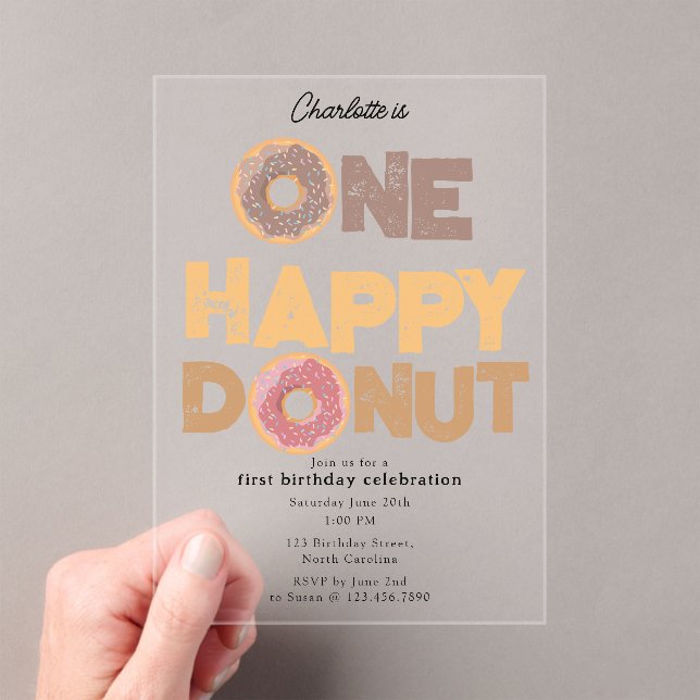 Invitaciones Acrílicas One Happy Donut Invite 1st  First Birthday Cute (Insitu (portátil))