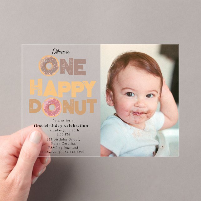 Invitaciones Acrílicas One Happy Donut Invite 1st  First Birthday Photo (Insitu (portátil))