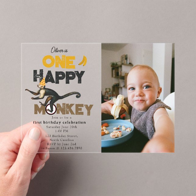 Invitaciones Acrílicas One Happy Monkey Cute 1st First Birthday Photo (Insitu (portátil))