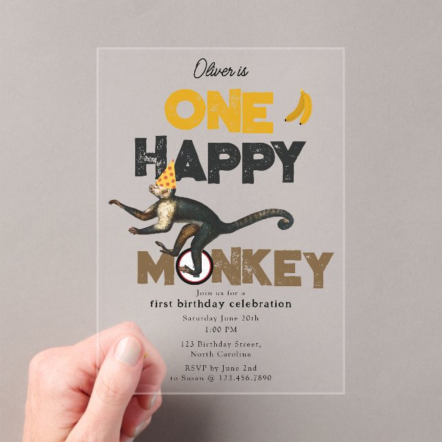 Invitaciones Acrílicas One Happy Monkey Cute Invite 1st First Birthday (Insitu (portátil))