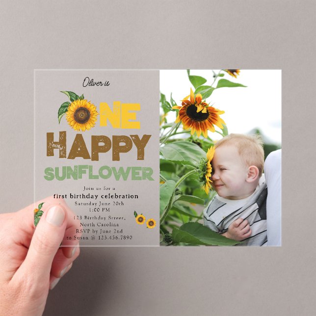 Invitaciones Acrílicas One Happy Sunflower 1st Summer Birthday Photo (Insitu (portátil))