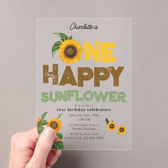 Invitaciones Acrílicas One Happy Sunflower Invite 1st Summer Birthday (Insitu (portátil))