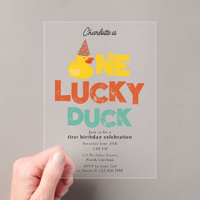 Invitaciones Acrílicas One Lucky Duck Invite 1st  First Birthday Cute (Insitu (portátil))