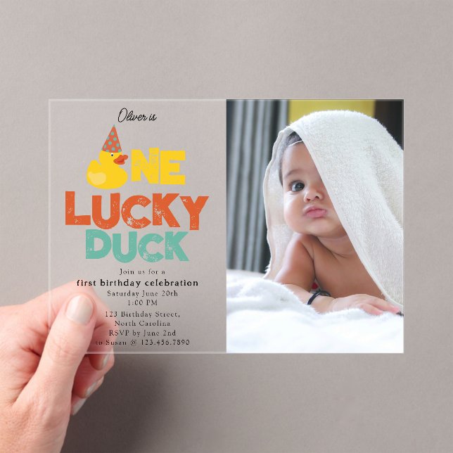 Invitaciones Acrílicas One Lucky Duck Invite 1st  First Birthday Photo (Insitu (portátil))