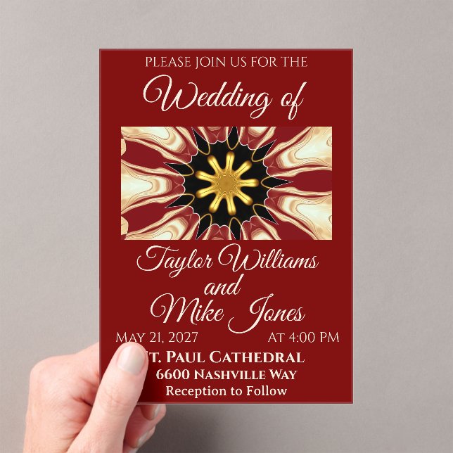 Invitaciones Acrílicas Opulent Deep Crimson Starburst Design | High-End M (Insitu (portátil))