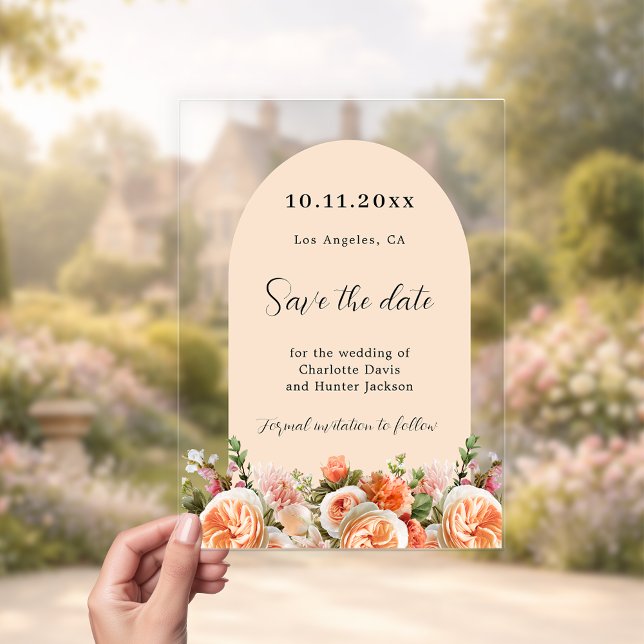 Invitaciones Acrílicas Orange pink floral arch wedding Save the Date Card (Subido por el creador)