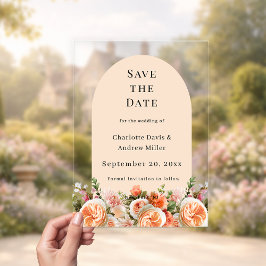 Invitaciones Acrílicas Orange pink floral wedding arac Save the Date Card