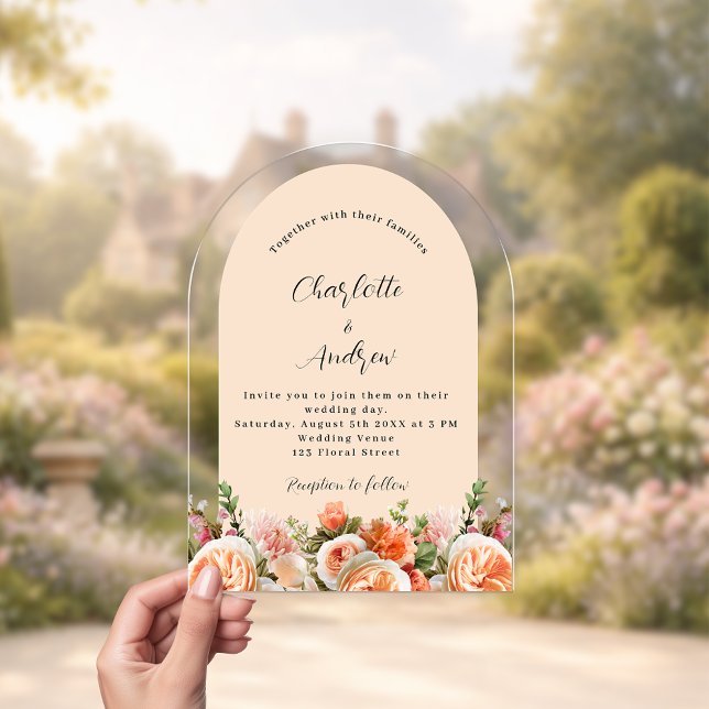 Invitaciones Acrílicas Orange pink peach florals arch clear wedding (Subido por el creador)