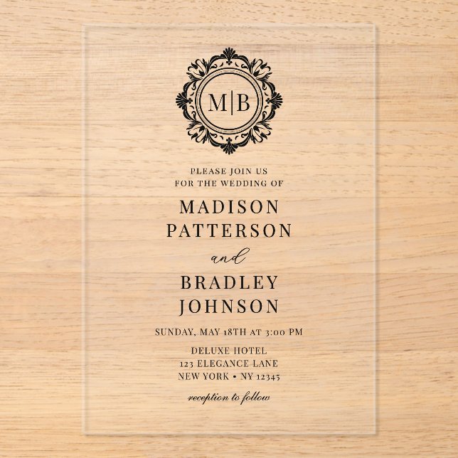 Invitaciones Acrílicas Ornate Floral Monograma Boda Elegante Negro (Anverso)
