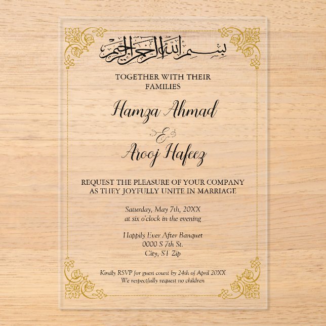 Invitaciones Acrílicas Ornate Gold Islamic Muslim Boda (Anverso)