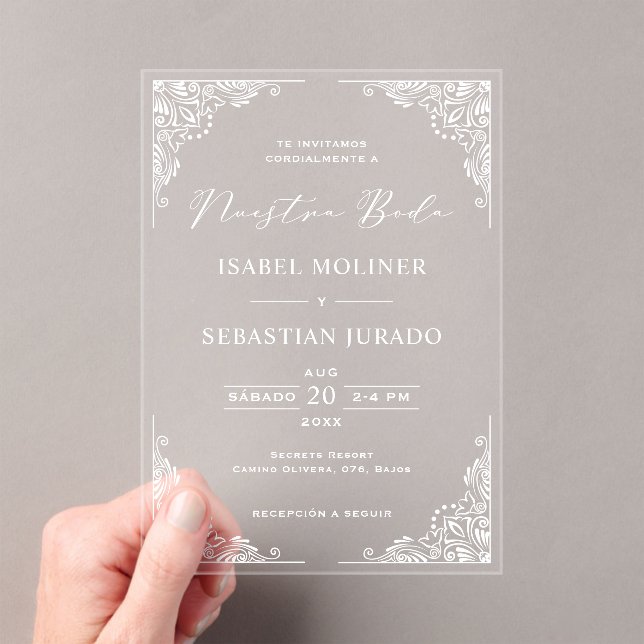 Invitaciones Acrílicas Ornato de marco blanco Nuestra Boda Boda español (Insitu (portátil))