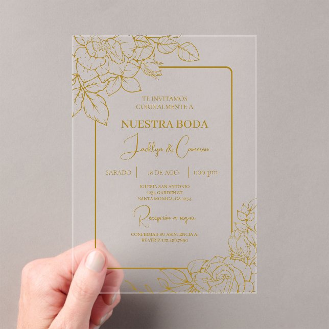 Invitaciones Acrílicas Oro acrílico Boda floral español (Insitu (portátil))