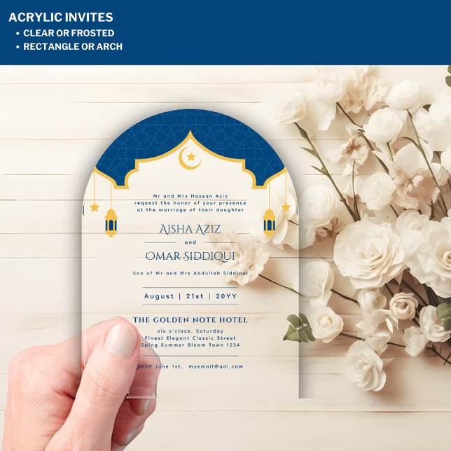 Invitaciones Acrílicas Oro azul islámico Nikah Boda musulmán elegante (Subido por el creador)