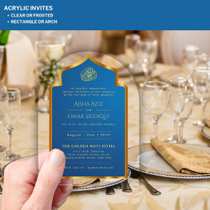 Invitaciones Acrílicas Oro azul islámico Nikah Boda musulmán elegante