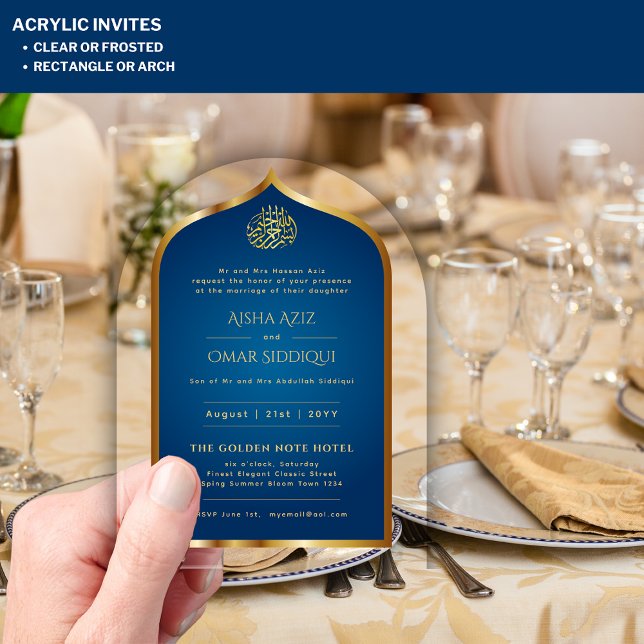 Invitaciones Acrílicas Oro azul islámico Nikah Boda musulmán elegante (Subido por el creador)
