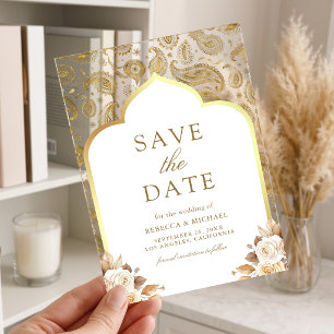 Invitaciones Acrílicas Oro Blanco Paisley Boda India Save the Date