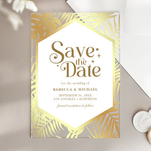 Invitaciones Acrílicas Oro Blanco Palma Tropical Boda Save the Date