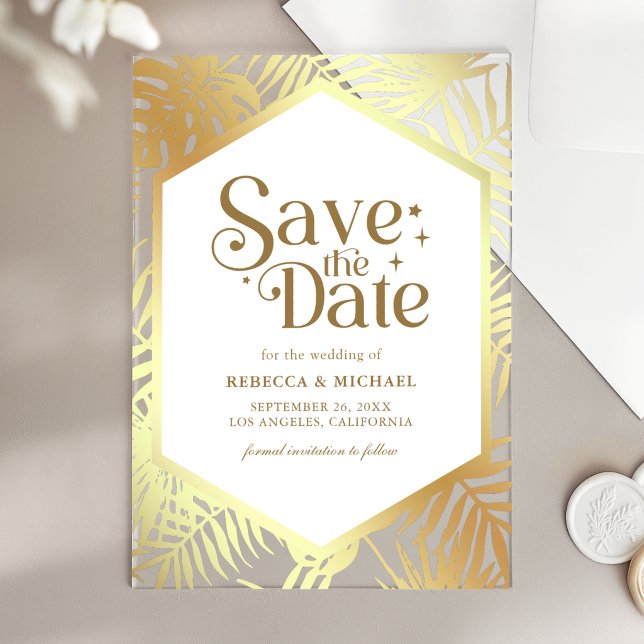 Invitaciones Acrílicas Oro Blanco Palma Tropical Boda Save the Date (Subido por el creador)