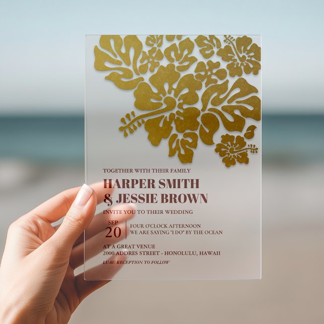 Invitaciones Acrílicas Oro - Boda elegante de hibisco en la playa (Invite your guests to your dream wedding with this ultra stylish beach invitation!)