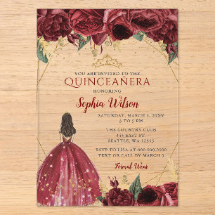 Invitaciones Acrílicas Oro Borgoña Floral Princesa Quinceañera Quince I