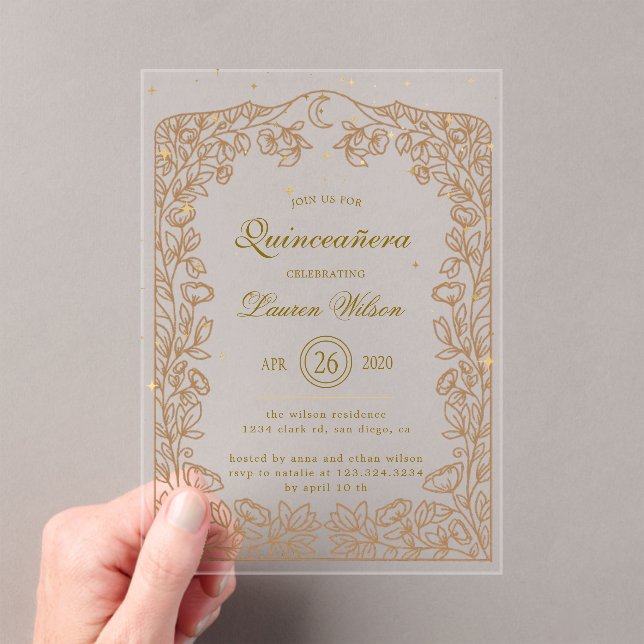 Invitaciones Acrílicas Oro Celestial Exclusivo Quinceanera (Insitu (portátil))