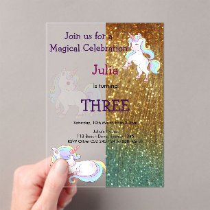 Invitaciones Acrílicas Oro de cumpleaños de bebé de Rainbow Unicorn