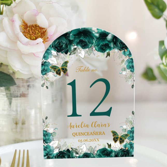 Invitaciones Acrílicas Oro de flores esmeraldas Quinceañera XV 16 Número  (Subido por el creador)