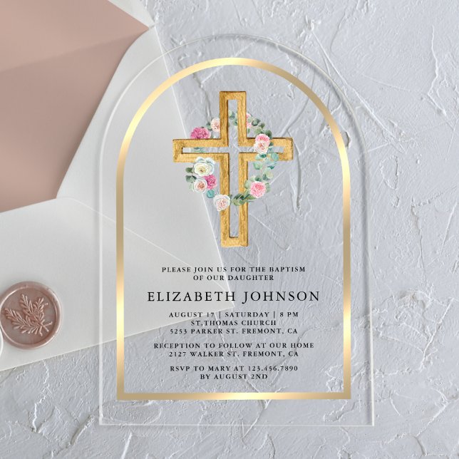 Invitaciones Acrílicas Oro Floral Eucalyptus Madera Cruce Arco Bautismo (Subido por el creador)