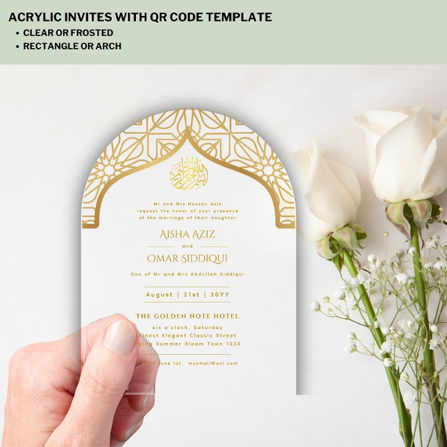 Invitaciones Acrílicas Oro islámico Nikah Walima Mezquita Musulmana Elega (Subido por el creador)