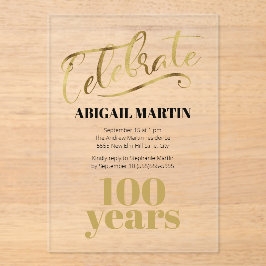 Invitaciones Acrílicas Oro Negro 100 cumpleaños Aritílico transparente