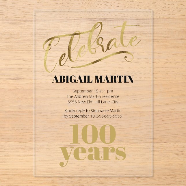 Invitaciones Acrílicas Oro Negro 100 cumpleaños Aritílico transparente (Anverso)
