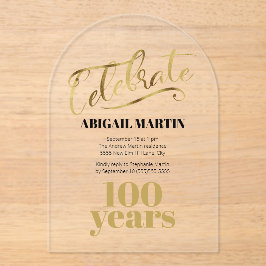 Invitaciones Acrílicas Oro Negro Arco de Acrílico 100 Aniversario transpa