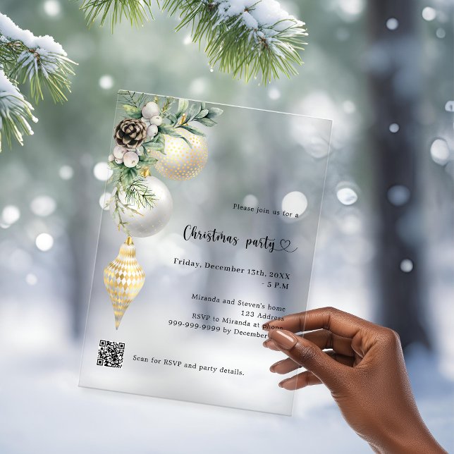Invitaciones Acrílicas Oro negro bolas blancas código QR fiesta de Navida (Subido por el creador)