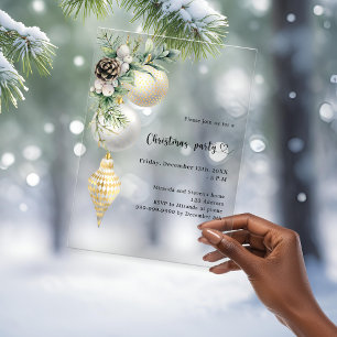 Invitaciones Acrílicas Oro negro bolas blancas fiesta de Navidad escarcha