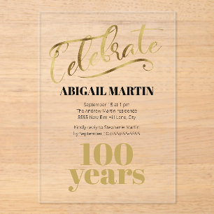 Invitaciones Acrílicas Oro Negro Cumpleaños 100 Años Acrílico Transparent