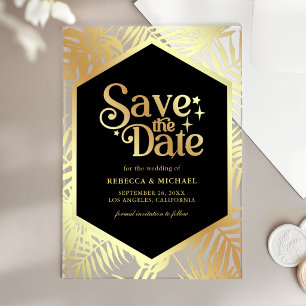 Invitaciones Acrílicas Oro Negro Palma Tropical Boda Guardar la Fecha